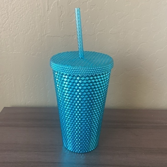 Starbucks Blue Chrome Teal Studded 16 Ounce Travel‎ Straw Cup NWT - Picture 4 of 6